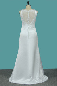 2023 Scoop Satin A Line Wedding Dresses With Bow Knot Sweep Train