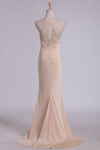 2024 Evening Dresses Sheath Scoop Spandex With Beading Sweep Train