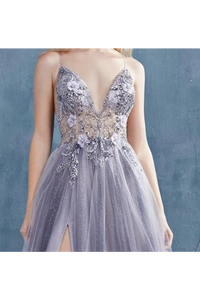 See Through Jeweled Glitter A-Line Prom Dress With High Slit Deep V Neck Long Formal SRSPX9EQ898