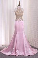 Load image into Gallery viewer, 2024 Halter Beaded Bodice Satin Prom Dresses Mermaid See-Through