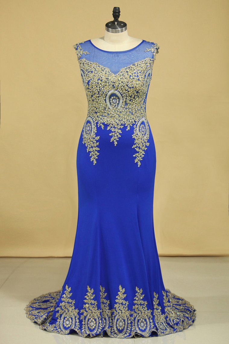 2024 Dark Royal Blue Prom Dresses Scoop Mermaid With Applique Spandex Sweep Train Size 18W