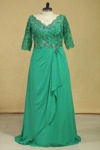 2023 Plus Size V Neck Mother Of The Bride Dresses With Beads & Applique Chiffon Color Hunter