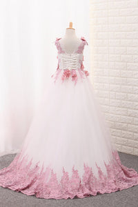 2024 Scoop A Line Tulle Flower Girl Dresses With Applique And Handmade Flowers