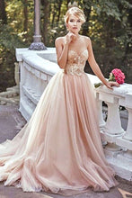 Load image into Gallery viewer, Modest Lace Blush Pink Spaghetti straps Tulle Beading Sweetheart Long Prom Dresses RS173
