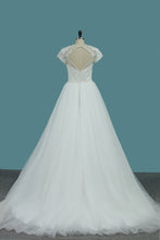 Load image into Gallery viewer, 2024 Tulle A Line Scoop Short Sleeve Wedding Dresses With Applique And Beads Open Back