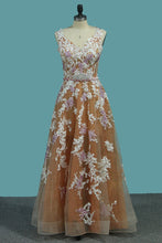 Load image into Gallery viewer, 2024 Prom Dresses Straps Tulle A Line With Applique And Beads Floor Length