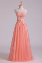 Load image into Gallery viewer, 2024 New Arrival Strapless A Line Prom Dresses Tulle With Applique