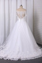 Load image into Gallery viewer, 2024 A Line Boat Neck Wedding Dresses Short Sleeves Tulle With Applique Chapel Train