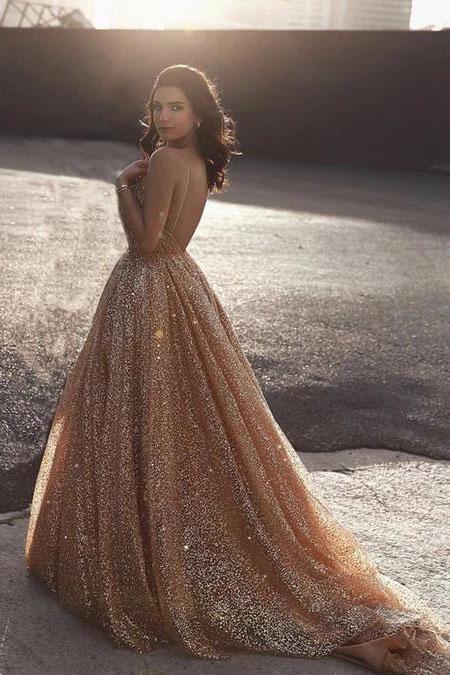 Sparkly Spaghetti Straps A Line Elegant Long Prom Dress, Sequins Evening Party Dresses SRS15430