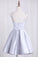 2024 V Neck Satin Homecoming Dresses With Applique And Beads A Line