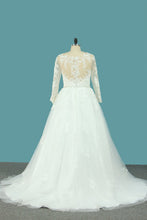 Load image into Gallery viewer, 2024 A Line Tulle V Neck Long Sleeves Wedding Dresses With Applique And Beads Sweep Train