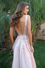 Load image into Gallery viewer, Deep V-Neck Pink A-Line Sparkly Long Prom Dresses Women Dresses