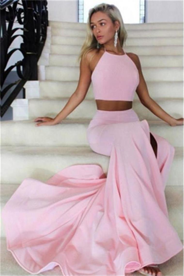2 Pieces Pink Open Back Halter Long Evening Dresses Beautiful Prom Dresses