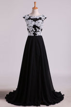 Load image into Gallery viewer, 2024 Prom Dresses A Line Scoop Open Back With Applique &amp; Slit Sweep Train Chiffon
