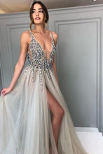 Load image into Gallery viewer, Pretty Deep V-Neck Long Beading Tulle A-Line Gray Prom Dresses