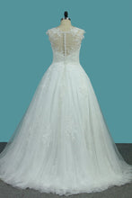 Load image into Gallery viewer, 2024 Scoop Tulle &amp; Lace A Line With Applique Sweep Train Wedding Dresses