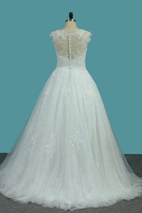 2024 Scoop Tulle & Lace A Line With Applique Sweep Train Wedding Dresses