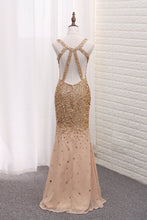 Load image into Gallery viewer, 2024 Luxury Mermaid Chiffon Beaded Bodice Straps Prom Dresses With Slit Crossed Back