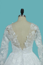 Load image into Gallery viewer, 2023 Luxurious A Line Lace Scoop Long Sleeves Wedding Dresses With Pearls Royal Train