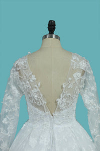 2023 Luxurious A Line Lace Scoop Long Sleeves Wedding Dresses With Pearls Royal Train