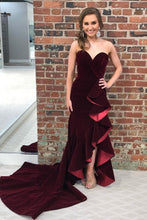 Load image into Gallery viewer, Modest Sheath Burgundy Sweetheart Long Open Back Party Prom Dresses