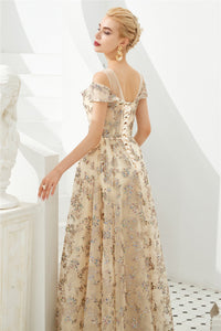 Elegant A Line V Neck Off the Shoulder Beads Prom Dresses with Lace SRS20414