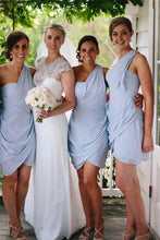 Load image into Gallery viewer, Elegant One Shoulder Short Sky Blue Cute Bridesmaid Dresses