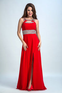 2024 Sexy Prom Dresses A Line Scoop Sweep/Brush Red Open Back