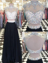 Load image into Gallery viewer, Glamorous Two Piece High Neck Cap Sleeves Long Black Prom Dress with Beading Open Back RS781
