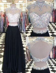 Glamorous Two Piece High Neck Cap Sleeves Long Black Prom Dress with Beading Open Back RS781
