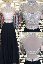 Load image into Gallery viewer, Glamorous Two Piece High Neck Cap Sleeves Long Black Prom Dress with Beading Open Back RS781