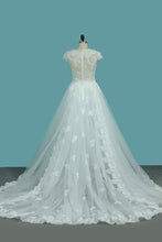 Load image into Gallery viewer, 2024 Scoop Tulle Mermaid Wedding Dresses With Applique Royal Train Detachable