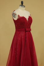 Load image into Gallery viewer, 2023 Burgundy/Maroon Prom Dresses Scoop A Line With Sash And Applique