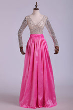 Load image into Gallery viewer, 2024 Prom Dresses V Neck A Line Taffeta With Beading Floor-Length Long Sleeves