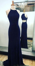 Load image into Gallery viewer, Sexy Navy Blue Long Chiffon Halter Mermaid Sleeveless Floor-Length Scoop Prom Dresses RS823