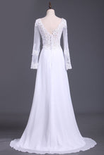 Load image into Gallery viewer, 2024 See-Through Prom Dresses V Neck Long Sleeves Chiffon With Applique And Slit