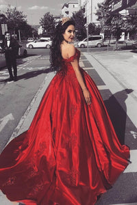 2024 Ball Gown Prom Dresses Off The Shoulder Satin With Applique Sweep Train