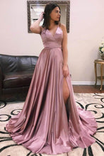 Load image into Gallery viewer, 2023 A Line Prom Dresses V Neck Satin Straps Sweep Train Slit