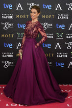 Load image into Gallery viewer, Elegant Long Sleeve Burgundy Beads High Neck with Pockets Satin Tulle Prom Dresses RS281