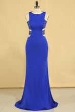 Load image into Gallery viewer, 2024 Plus Size New Arrival Scoop Prom Dresses Dark Royal Blue Mermaid Spandex With Beading Sweep Train
