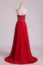 Load image into Gallery viewer, 2024 Sweetheart A Line Prom Dresses With Beading Sweep Train Chiffon Burgundy/Maroon