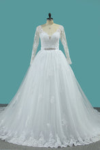 Load image into Gallery viewer, 2024 New Arrival V Neck Long Sleeves Tulle Wedding Dresses A Line With Applique
