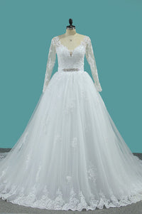 2024 New Arrival V Neck Long Sleeves Tulle Wedding Dresses A Line With Applique
