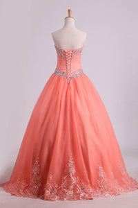2024 Quinceanera Dresses Ball Gown Strapless Tulle With Applique Floor Length