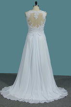 Load image into Gallery viewer, 2024 A Line Scoop Chiffon Wedding Dresses With Applique And Slit Sweep Train