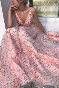 2024 Elegant Pink V Neck Floral Lace Long Prom Dresses Spaghetti Strap Formal Dress