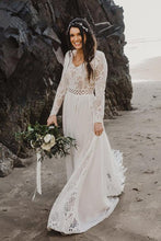 Load image into Gallery viewer, Charming A Line Long Sleeves V Neck Lace Ivory Beach Wedding Dresses, Bridal SRS20395