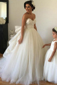2023 Sweetheart Wedding Dresses A Line Tulle With Applique Sweep Train