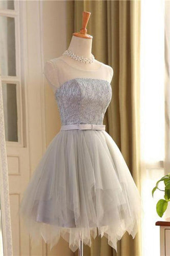 Cute A Line Sleeveless Scoop Short Silver Lace up Tulle Homecoming Dresses with Bowknot RS589