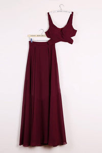 Elegant Two Pieces A-line V Neck Floor-length Burgundy Chiffon Cheap Prom Dresses RS671